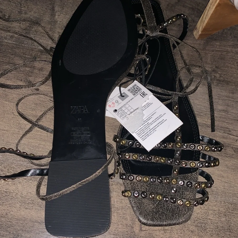 NWT ZARA LEATHER SQUARE TOE LACE UP SANDALS - Picture 10 of 11